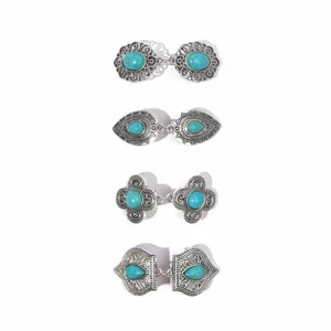 Vintage Turkoois Sjaalclip Legering Geometrisch Sjaal Clip Retro Kraag Broche Set Mode Sieraden Dames Cadeau