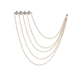Gold multi-layer chain brooch with sparkling rhinestone diamonds for stylish suit fashion.