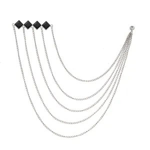 Exquisite multi-layer chain suit brooch with black diamond-shaped charms and sparkling rhinestones.