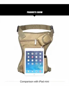 Confronto delle dimensioni del borsello da gamba tattico con un tablet iPad mini
