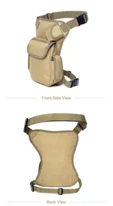 Viste dettagliate anteriore e posteriore di un borsello tattico da gamba multi-tasche.