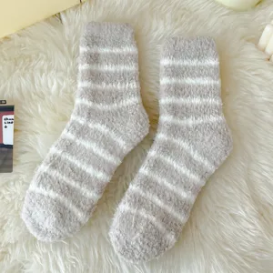 Plush striped fuzzy winter sleep socks for women, thick cozy coral fleece mid tube socks.