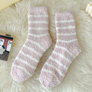Women's fluffy striped winter sleep socks, cozy pink thick thermal coral fleece socks.