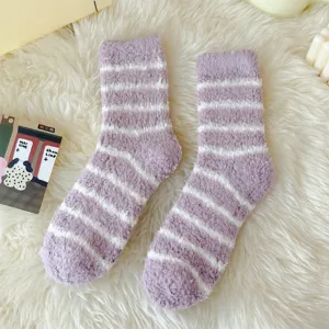 Cozy striped coral fleece winter socks for women, thick plush fuzzy warm home sleeping socks.