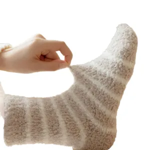 Women winter thick plush striped sleep socks, warm cozy fuzzy coral fleece mid tube socks.