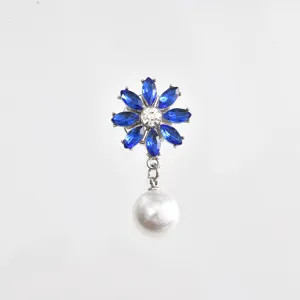 Blue rhinestone flower brooch with pearl pendant, elegant shirt collar accessory for women.
