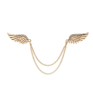 Gold alloy angel wings collar pin detail shot, retro double chain brooch for shirt suit.