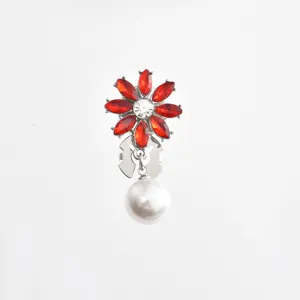 Crystal flower pearl collar clip detail, elegant red rhinestone brooch accessory for women.