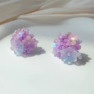 Purple beaded flower buttons handmade crystal floral shirt cuffs decorative accessories pair