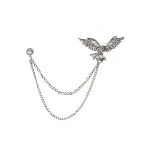 Retro alloy eagle wings brooch with double chains and rhinestone collar pin for men and women suit