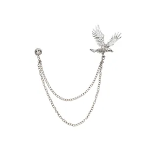 Vintage eagle alloy brooch with double chains and sparkling rhinestones for men women
