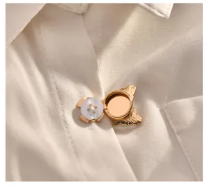 Detailed view of gold 3D butterfly anti-glare collar button brooch for women's shirts.