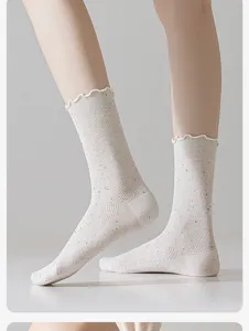 Summer thin dot yarn mid-tube socks, breathable mesh design with sweet lace ruffles for women daily wear
