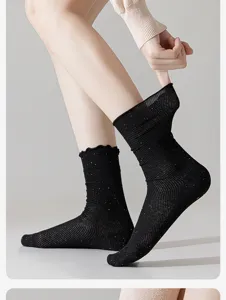Summer thin mesh mid tube socks with colorful speckle yarn and cute lace trim design for women.