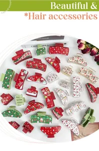 Christmas hair claw detail shot featuring red and green festive designs for holiday styling.