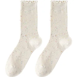 Women's Summer Thin Speckled Yarn Mid-Calf Socks Breathable Mesh Sweat-Absorbent Cotton Slouch Socks Lace Ruffle Casual Socks