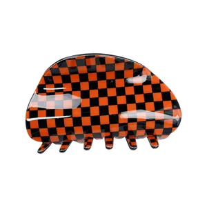 Oranger schwarzer karierter Acryl Haarklammer Haarzubehoer cooles Haarschmuck fuer Damen