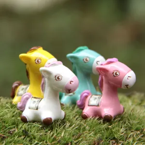 Mini resin horse figurine detail, cute colorful pony figures on moss, micro landscape decor.
