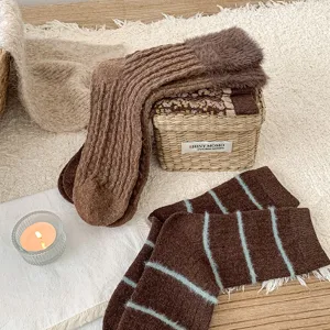 Vintage winter fuzzy warm socks set, brown color block striped and diamond stack socks.