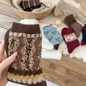 Retro winter vintage mink fleece socks diamond pattern colorblocked mid-calf warm socks
