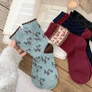 Vintage winter cozy mid-tube socks with plush cuffs, retro floral patterns and warm knit style.