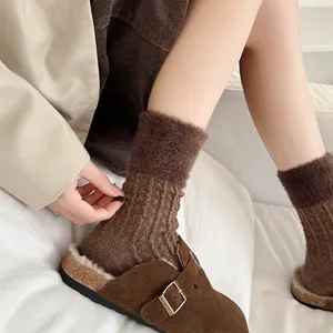 Cozy brown fuzzy cuff cable knit mid-tube socks detail shot, retro winter warm casual hosiery