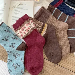 Retro winter fuzzy knit socks with vintage floral and striped design, cozy warm mid-tube slouch socks.