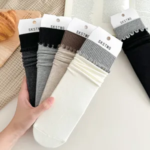 Women's Casual Cotton Solid Color Mid Tube Stacking Socks Cute Ruffle Cuff Breathable Spring Summer Hosiery