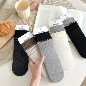 Women cotton stacking socks casual solid color fine vertical stripes breathable mid-tube hosiery