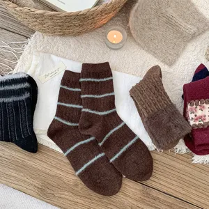 Retro winter warm fuzzy striped mid-calf socks and cozy vintage style socks for women