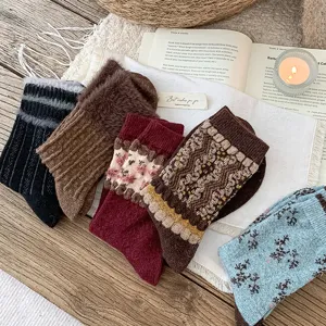 Winter vintage plush mid-tube socks, retro diamond stripe warm knit cozy fuzzy socks for women.