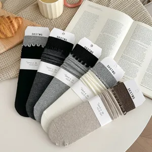 Womens cotton stackable mid-tube socks set, fine vertical striped casual daily wear detail.
