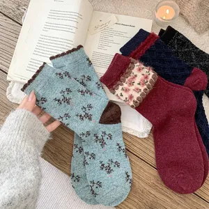 Retro floral cozy mid-tube socks warm winter fuzzy knit socks detailed view showcase.