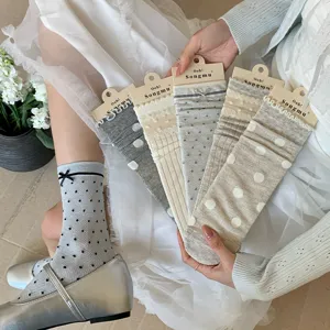 Cute ruffled bow polka dot mesh stacking socks sweet ins style breathable cotton hosiery for women