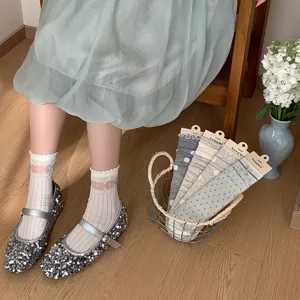 Sheer grey blue polka dot mesh ruffle bow stacking socks sweet fashion cute hosiery.