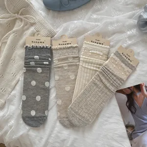 Sweet ins style Korean grey-blue sheer polka dot mesh wood-ear ruffles slouch socks detail view