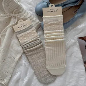 Korean style mesh lace ruffle stack socks, breathable polka dot cute socks detail shot.