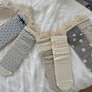 Cozy grey tone polka dot ruffle bow knit socks set, sweet ins style hosiery for daily wear.