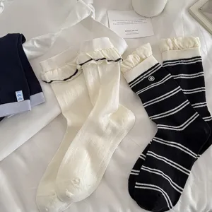 Women ruffle short socks cotton breathable striped socks casual daily wear spring summer