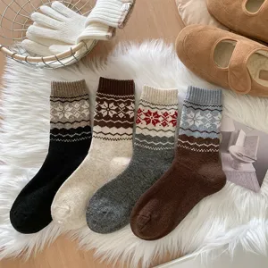 Femmes Hiver Vintage Fair Isle Chaussettes Laine Motif Flocon Neige Chaudes Epaisses