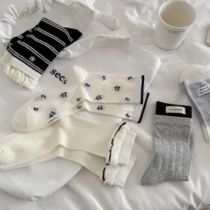 Cute spring summer women socks set breathable mesh floral embroidered striped casual hosiery