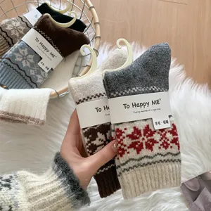Chaussettes en laine vintage Fair Isle pour femme, chaussettes chaudes motif flocon style japonais