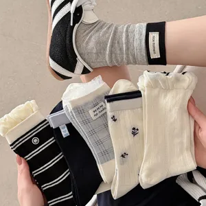 Detailed view of cute women socks featuring stylish stripes, plaid, lace ruffles and embroidery.