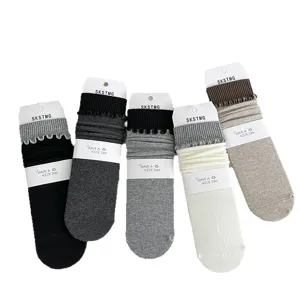 Women's cotton stack socks with fine vertical stripes solid color mid-tube casual breathable style