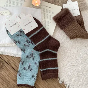 Retro winter cozy fuzzy striped socks, stylish blue and brown fleece mid tube wear.