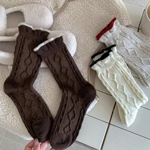 Korean style women winter wool socks sweet color block rolled cuff cable knit warm mid-calf socks