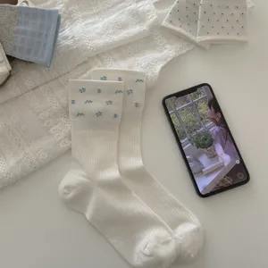 Cute floral embroidered women crew socks, soft breathable cotton thin summer slouchy socks.