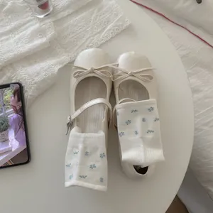 Detailed view of the sweet thin floral stack socks, breathable casual summer socks for cute daily wear.
