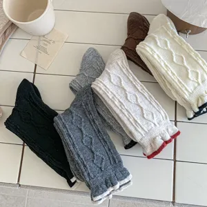 Korean style thick knit wool warm winter stacked crew socks with contrast rolled cuffs