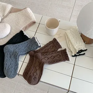 Women winter warm knit socks korean style cable knit vintage contrast color ruffle cuff hosiery